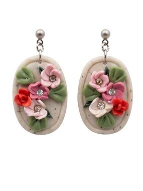 Vintage Style 3D Floral Clay Oval Drop Earrings - Pink & Red